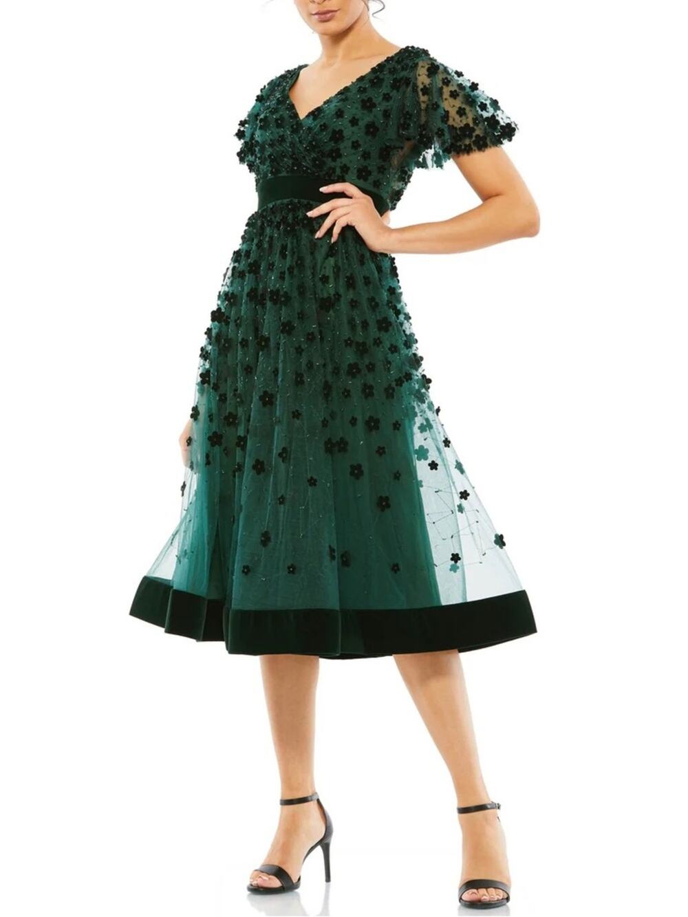 MAC DUGGAL Floral Embellished Velvet Midi Dress Emerald Green Size 4 NWT 67854